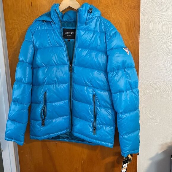 Guess Puffer Jacket Mens Small Zip Pockets Sky Blue - Picture 1 of 6